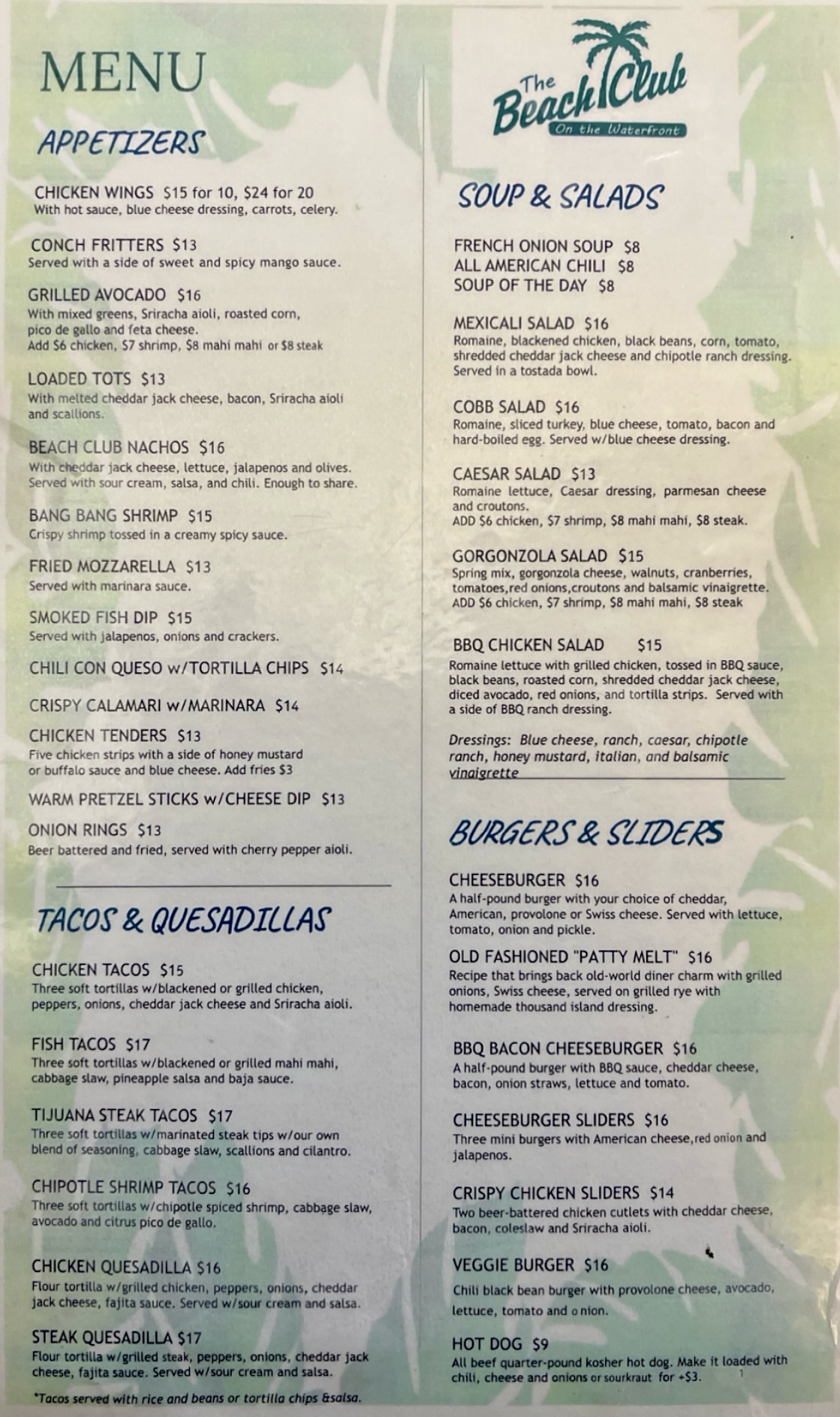 Beach Club Lake Worth main menu, page 1