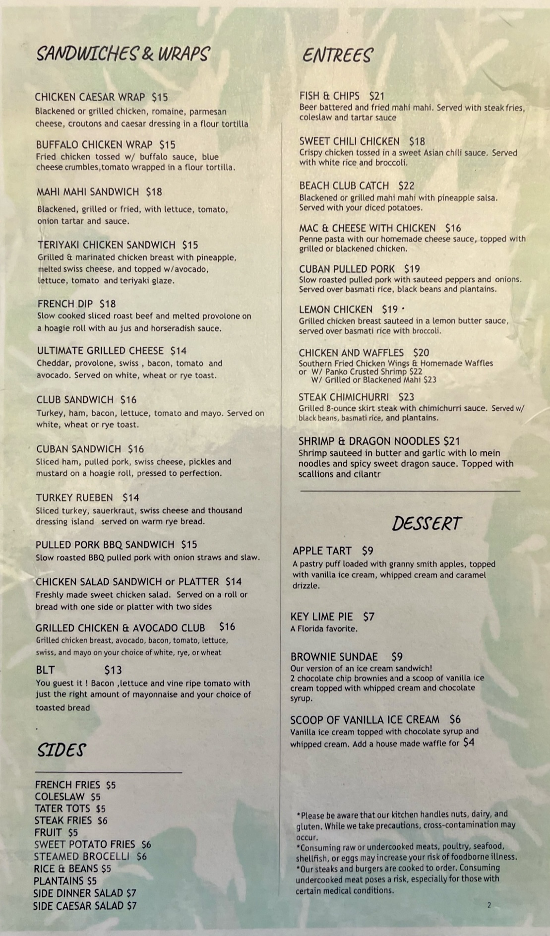 Beach Club Lake Worth main menu, page 2