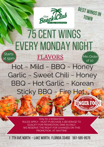 Monday daily special menu at Beach Club Lake Worth