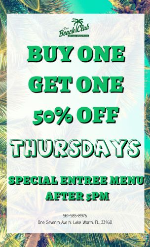 Thursday daily special menu at Beach Club Lake Worth